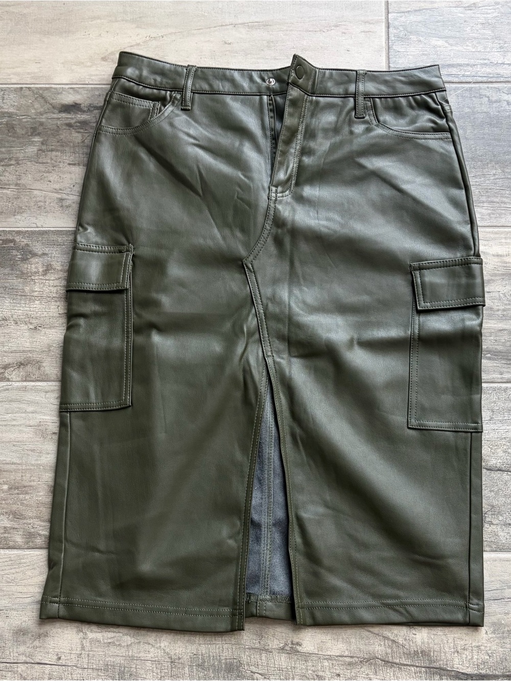 Faux Leather Cargo Pencil Skirt in Olive Green